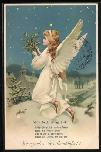 AK Weihnachtsengel fliegt über die Stadt, Gesegnetes Weihnachtsfest