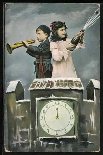 AK Zwei Kinder auf einer Uhr mit Sektflasche, Neujahr