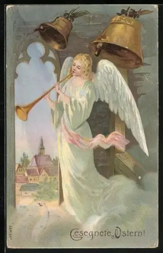 AK Gesegnete Ostern, Osterengel bläst eine Trompete im Glockenturm