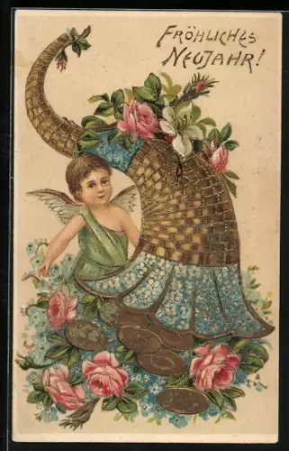 Präge-AK Neujahrsengel mit Füllhorn voller Münzen, Fröhliches Neujahr