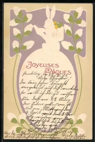 Präge-AK Osterhase sitzt auf einem grossen Osterei, Joyeuses Paques