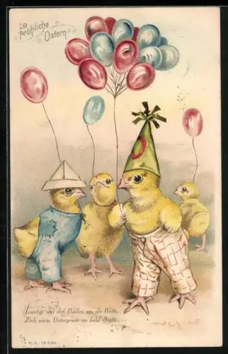 Lithographie Osterküken mit Luftballons, Fröhliche Ostern