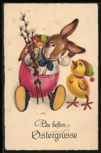 AK Osterhase mit Osterküken und Weidenkätzchen, Die besten Ostergrüsse
