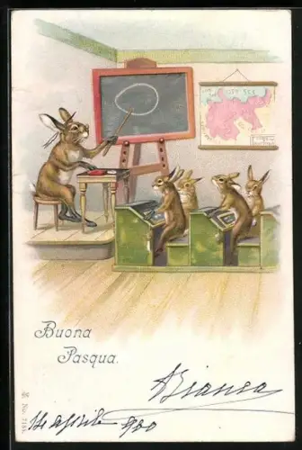 Lithographie Osterhasen in der Schule, Buono Pasqua