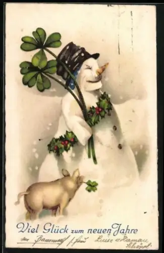 AK Schneemann mit Kleebltättern und Stechpalmenkranz, Viel Glück zum neuen Jahre