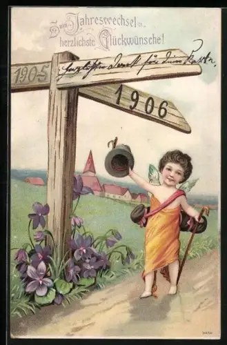 Präge-AK Neujahrsengel mit einem Wegweiser mit den Jahreszahlen 1905 und 1906, Neujahr