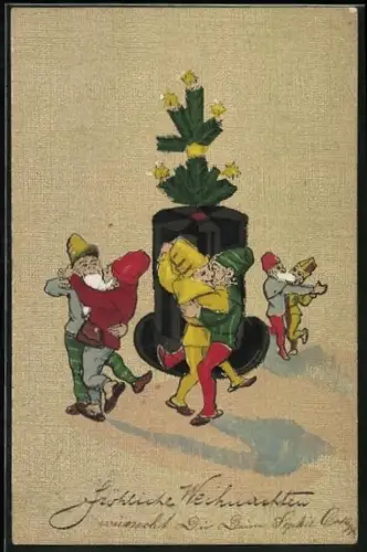 AK Zwerge tanzen um einen Zylinder herum, Fröhliche Weihnachten