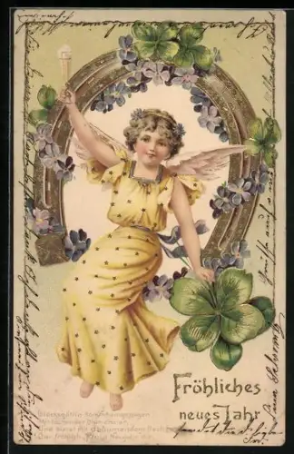AK Neujahrsengel mit Klee, Vergissmeinnicht und Hufeisen, Fröhliches neues Jahr