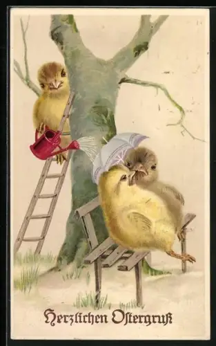 AK Osterküken begiesst ein Kükenpaar mit Wasser, Herzlichen Ostergruss