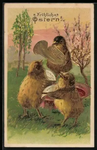 AK Osterküken musizieren auf einer Wiese, Fröhliche Ostern