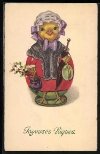 AK Osterküken mit Haube und Weidenkätzchen, Joyeuses Paques