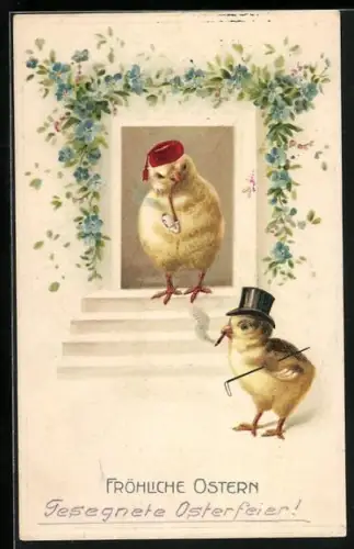 AK Zwei Osterküken mit Zylinder, Pfeife und Zigarre, Fröhliche Ostern