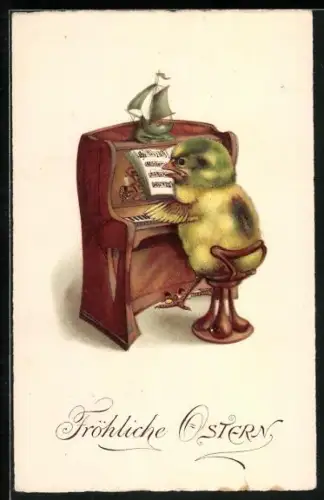 AK Osterküken spielt Klavier mit Noten, Fröhliche Ostern