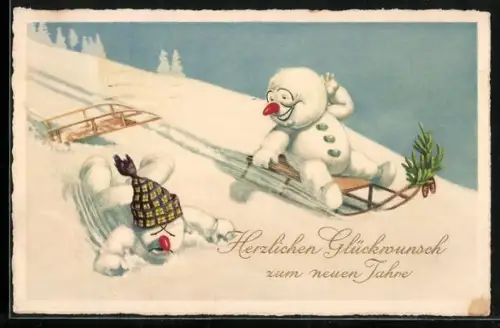 AK Schneemann hat einen Unfall beim Schlittenfahren, Herzlichen Glückwunsch zum neuen Jahre