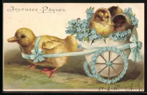 Lithographie Osterküken in Kutsche von Vergissmeinnicht geschmückt, Joyeuses Paques