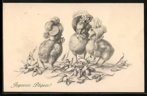 AK Drei Osterküken mit Hüten, Joyeuses Paques