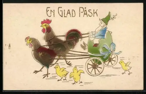 Präge-AK Zwerg in einer Kutsche, die von Hühners gezogen wird mit Osterküken, En Glad Pask