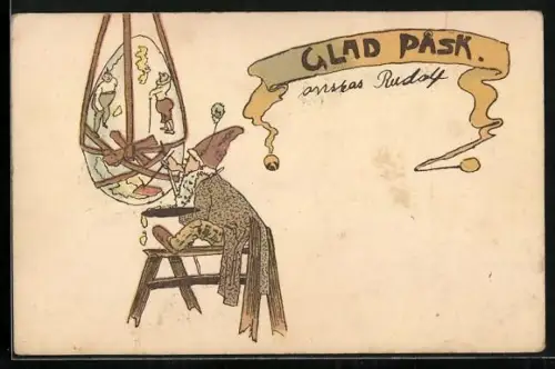 AK Zwerg bemalt ein Osterei, Glad Pask