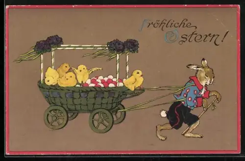 AK Osterhase zieht einen Wagen mit Osterküken und Eiern, Fröhliche Ostern