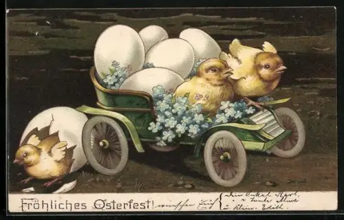 AK Osterküken in einem Auto mit Eiern und Vergissmeinnicht, Fröhliches Osterfest