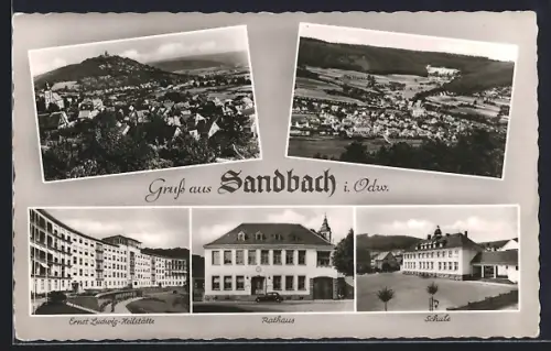 AK Sandbach i. Odw., Ortsansichten aus der Vogelschau, Partien am Rathaus, Schule und Heilstätte