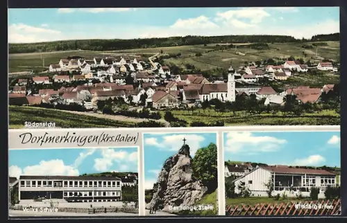 AK Dorfmerkingen, Südansicht, Partie an der Volksschule und lange Stein