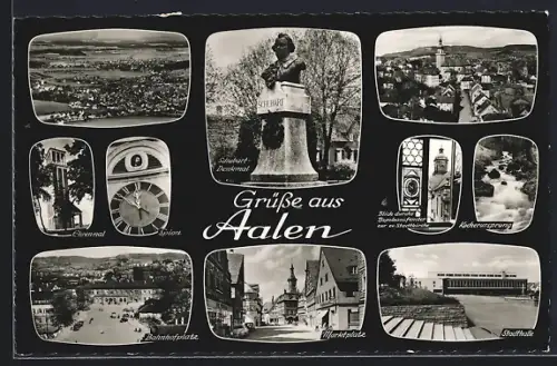 AK Aalen, Stadthalle, Bahnhofplatz, Schubart-Denkmal