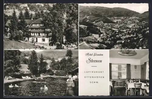 AK Ottenhöfen /Schwarzwald, Hotel Sternen mit Schwimmbad, dem Hotel und dem Speiseraum, Bes. J. Springmann