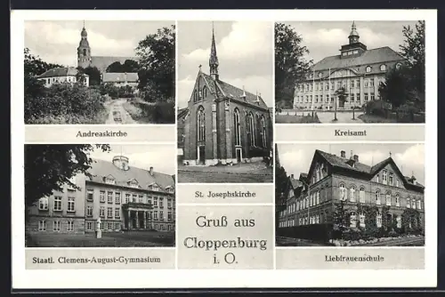 AK Cloppenburg i. O., Partien an der Andreaskirche, Kreisamt und Liebfrauenschule