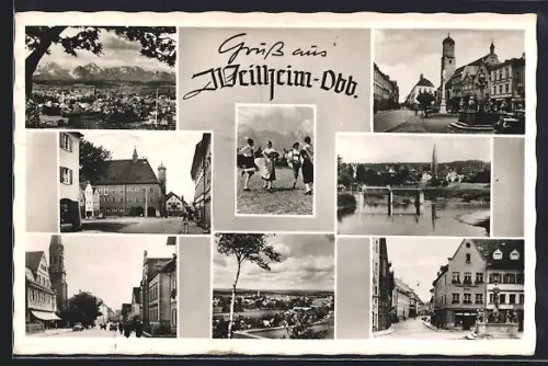 AK Weilheim /Obb., Ortsansicht, Partien am Markt, Tanzende Paare in Trachten