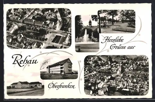 AK Rehau / Oberfranken, Ortsansicht aus der Vogelschau u. Brunnen im Park