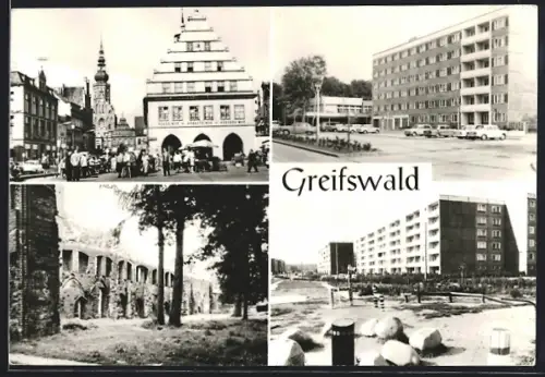 AK Greifswald, HO-Hotel Boddenhus, Klosterruine, Rathaus
