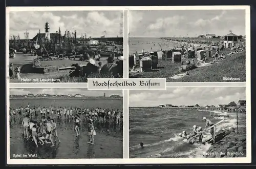 AK Büsum, Hafen mit Leuchtturm, Wattspiele, Südstrand