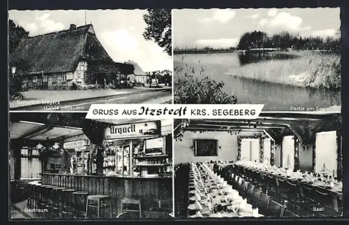 AK Itzstedt, Gasthaus Lindenklause v. S. Meyer, Gastraum, Saal, Aussen- u. Innenansichten, Partie am See