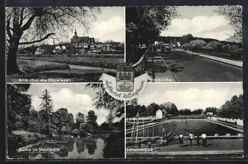 AK Kellinghusen, Blick über die Störwiesen, Partie im Stadtpark, Störbrücke, Schwimmbad