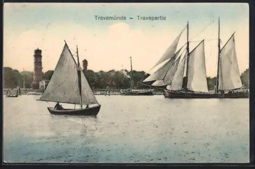 AK Travemünde, Segelboote mit Leuchtturm, Travepartie