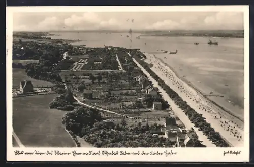 AK Laboe / Ostseebad, Blick vom Turm des Marine-Ehrenmal über Ort und Kieler Hafen