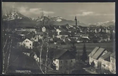 AK Traunstein, Ortsansicht mit Bergpanorama