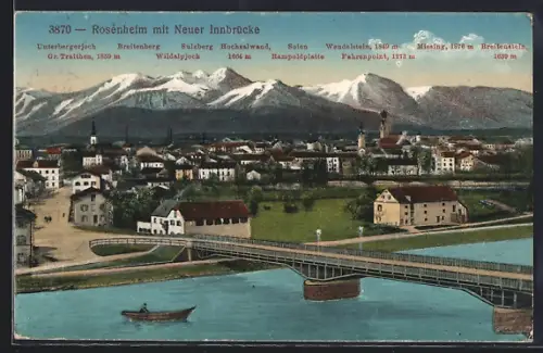 AK Rosenheim, Ortsansicht mit neuer Innbrücke u. Alpenpanorama