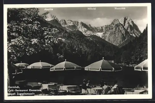 AK Garmisch, Cafe-Restaurant Riessersee gegen Zugspitzmassiv, Terrasse