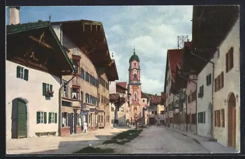 AK Mittenwald, Obermarkt mit Blick auf die Kirche