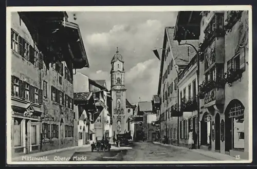 AK Mittenwald, Partie am Oberen Markt mit Blick auf Kirche