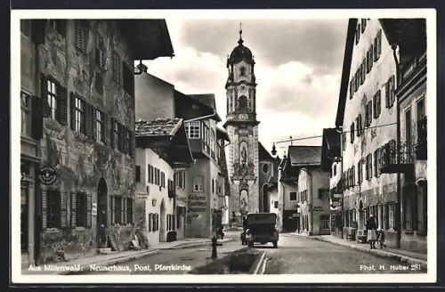 AK Mittenwald, Neunerhaus, Post, Pfarrkirche, Bäckerei u.Konditorei, Automobil