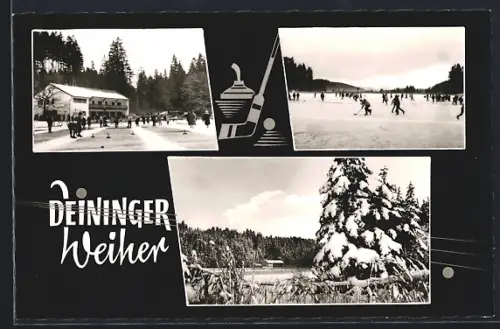 AK Grossdingharting /München, Gasthaus-Pension Deininger Weiher Schwaiger, mit Eisstockschiessen, Eishockey