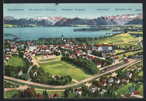 AK Tutzing am Starnbergersee, Totalansicht mit Karwendel-Gebirge