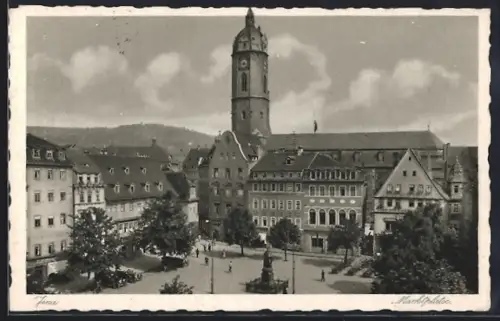 AK Jena, Marktplatz mit Brunnen und Turmgebäude aus der Vogelschau