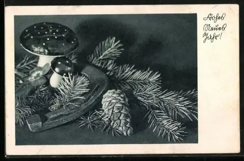 AK Fliegenpilze mit Tannenzweig und Hufeisen, Frohes Neues Jahr