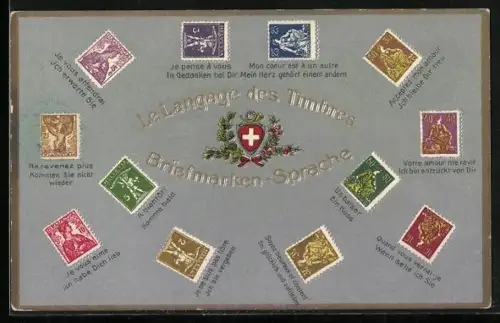 Präge-AK Briefmarkensprache, Briefmarken in verschiedenen Positionen und ihre Bedeutung