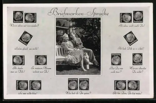 AK Paar auf einer Parkbank, Bedeutungen der Briefmarkensprache