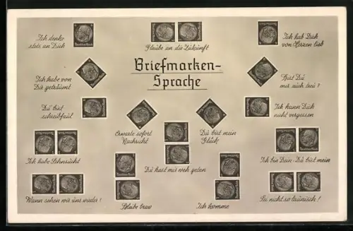 AK Briefmarken in verschiedenen Positionen, Briefmarkensprache